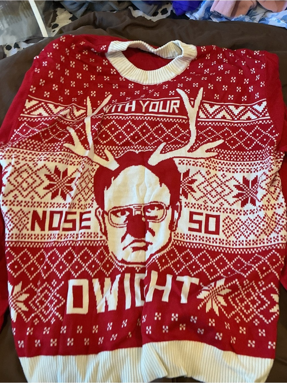 Red and White Novelty Crewneck Holiday Sweater - Picture 2 of 4